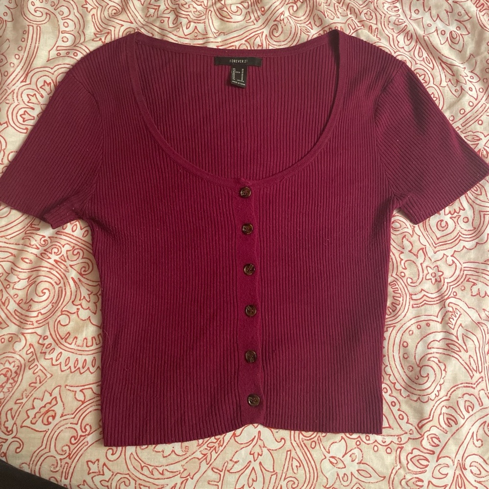 Forever 21 Burgundy Short Sleeve Cropped Button Down